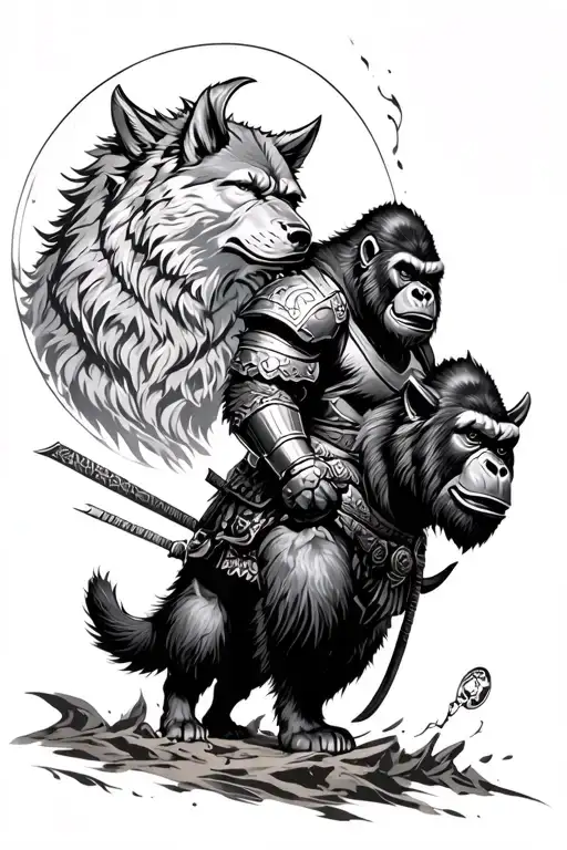 Gorilla Samurai In Piscis Armor Riding A Dire Wolf