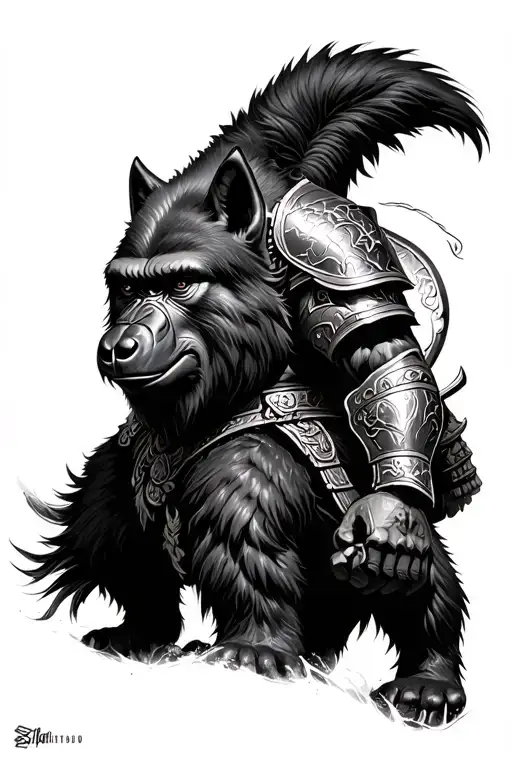 Gorilla Samurai In Piscis Armor Riding A Giant Wolf