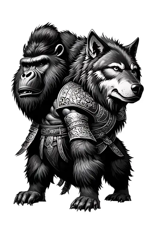 Gorilla Samurai Piscis Armor Riding A Giant Wolf