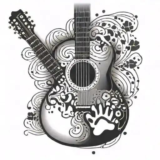 A Guitar With Pet Paw Prints As The Strings In A Black-grey Style