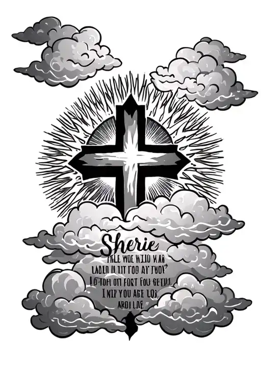 Clouds Surrounds A Cross The Sun Beaming Down With The Name Sherie Over It And A Bible Verse Under