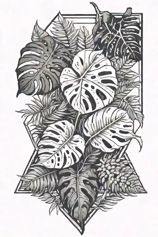 Monstera Leaves With Ferns And Diamond Shape Around Design
