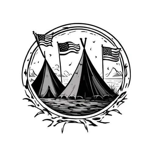 A Few Tents In A Circle With A Flag