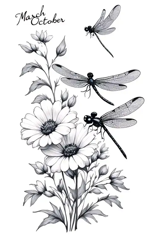 Birthflowers For Months March And October With Dragonfly