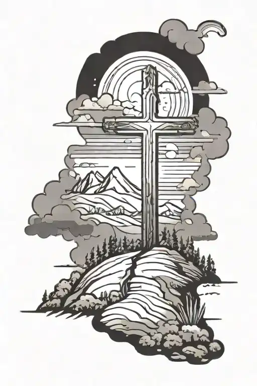 Cross On A Hill With A Rainbow In The Background Black