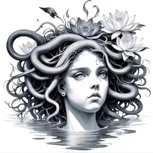 Medusa Head With Snakes And Water Lillies As Hair