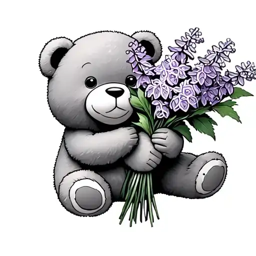 A Teddy Bear Holding A Bouquet Of Lilacs