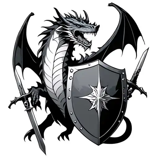 Dragon With Shield And Swords In Hands