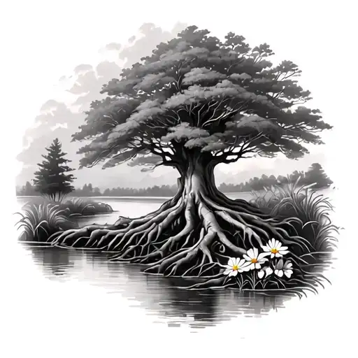 Draw A Landscape Of A Tree With Roots By A Stream With A Caroline Flower Growing Nearby