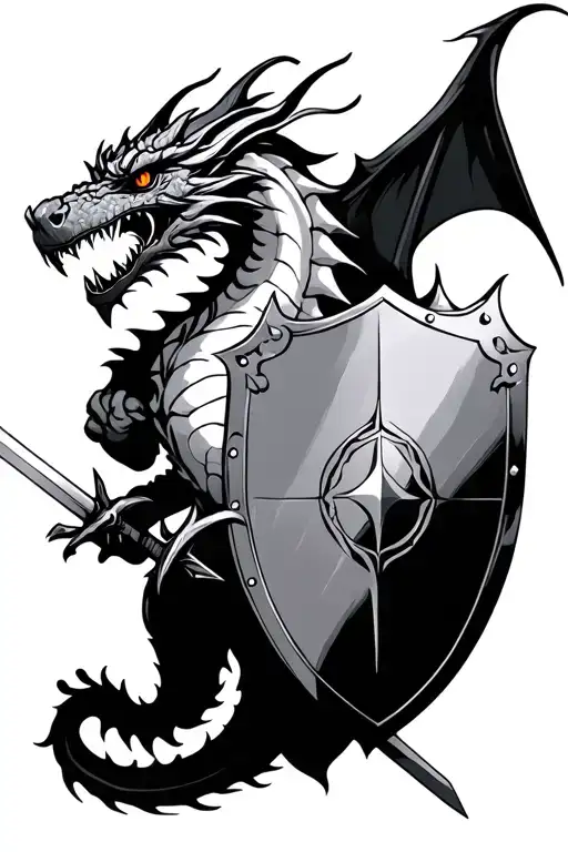 Dragon With Shield And Swords In Hands