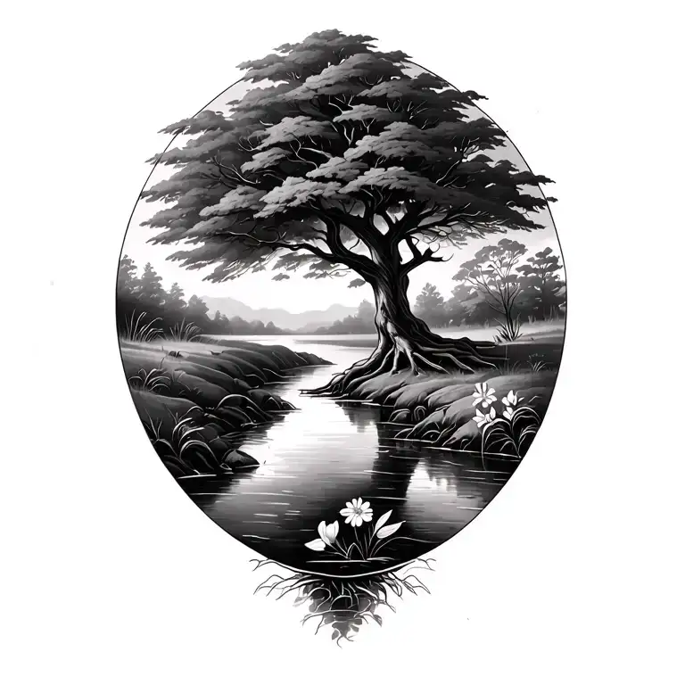 Draw A Landscape Of A Tree With Roots By A Stream With A Caroline Flower Growing Nearby