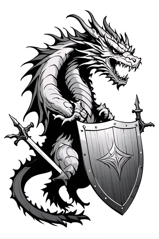 Dragon With Shield And Swords In Hands