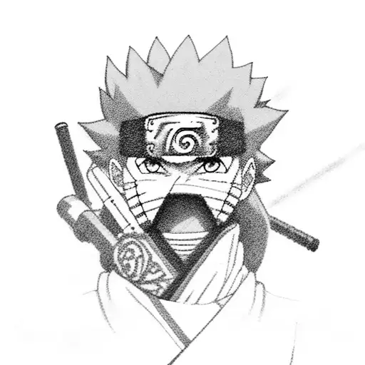 A Detailed Black And Grey Tattoo Of Naruto And Counter-strike Characters Teaming Up