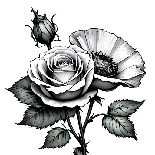 One Rose And One Poppy Hugging Each Other With The Leaves From The Stem