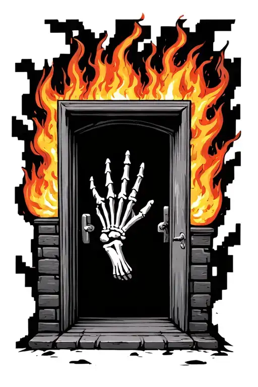 A Door With Fire Coming Out Of It And A Skeleton's Hand Sticking Out