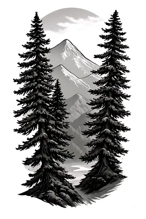 Douglas Fir Trees And Mountains