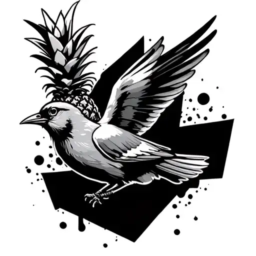 Flying Bird With Pineapple Head In Trash Polka Tattoo Inspired