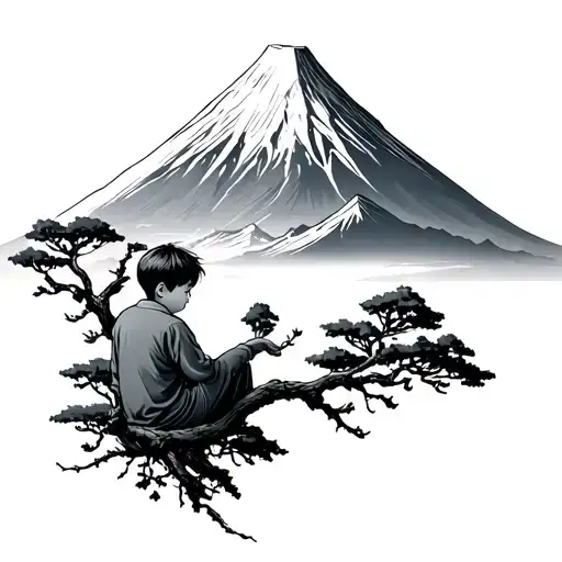 Boy Sat In Tree Looking At Mount Fuji