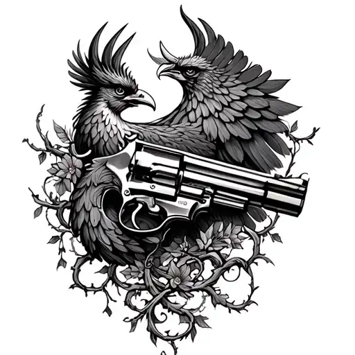 A Phoenix With A Revolver Wrapped In Vines