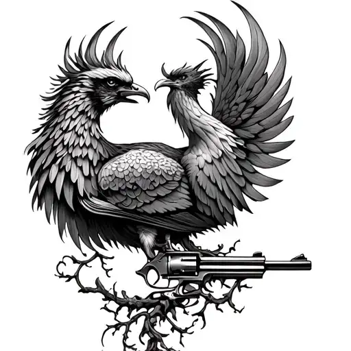 A Phoenix With A Revolver Wrapped In Vines