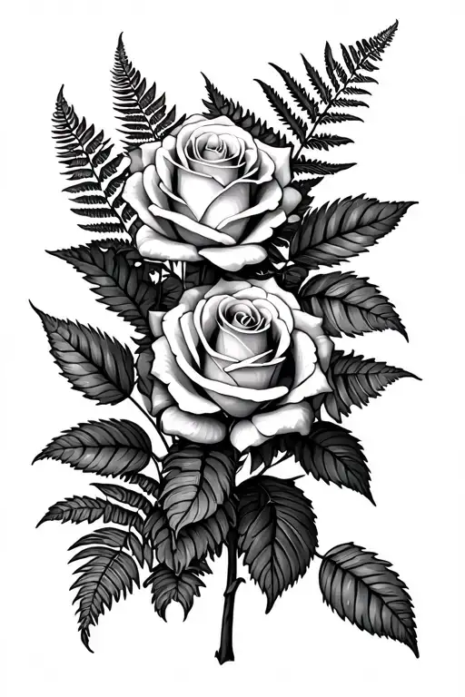 Bunch Of Roses With New Zealand Ferns Sticking