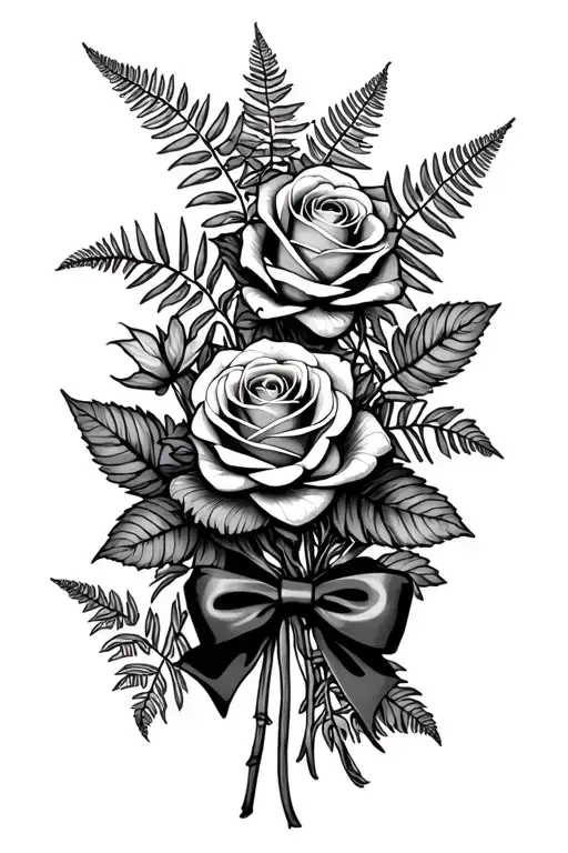 Bunch Of Roses With New Zealand Ferns With A Bow