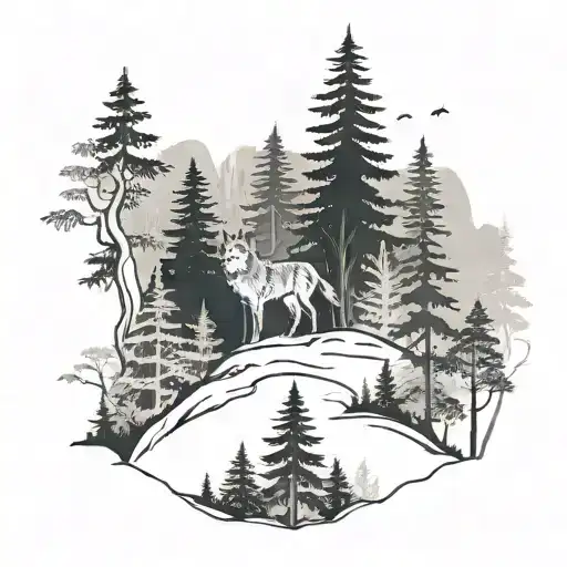 A Forest Landscape With A Hidden Wolf Silhouette In Black-grey Style
