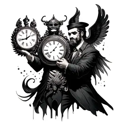 Phonix Whit A Clock In His Hand Holding And A Man Holding A Mask