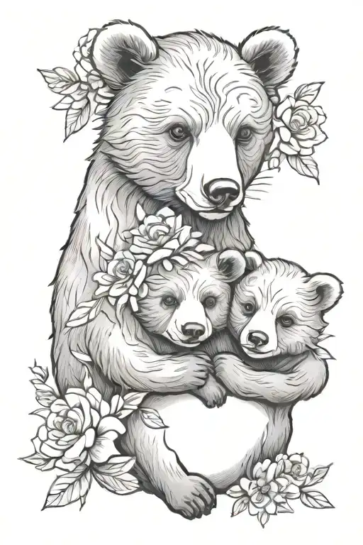 Mama Bear Baby Bears Flowers Intertwined