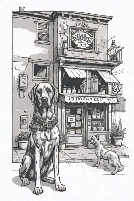 Black And Grey Sketch Of A Vape Shop Storefront With A Guard Dog Standing Watch