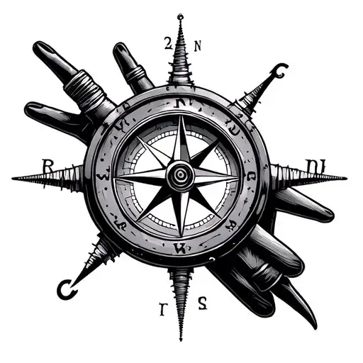 Create A Tatoo For A Man's Hand With A Maritime Compass Related To Mechanics In A Minimalist Style