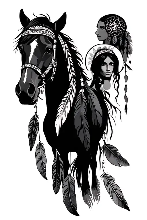 Indian Dream Catcher With Feathers Horse And Female Indian
