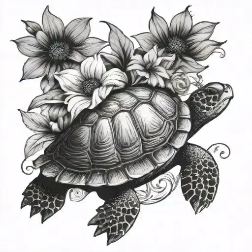 Turtle With Sunflower And Hibiscus Flower