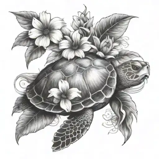 Turtle With Sunflower And Hibiscus Flower