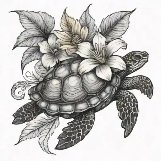 Turtle With Sunflower And Hibiscus Flower