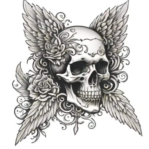 Skull With Number 94 Surrounded By Angel Wings