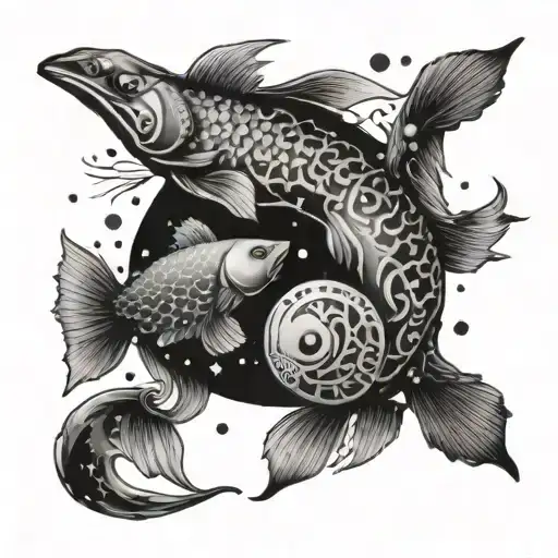 Pisces Fish Swimming Creating Yin Yang Symbol Merging With Constellation