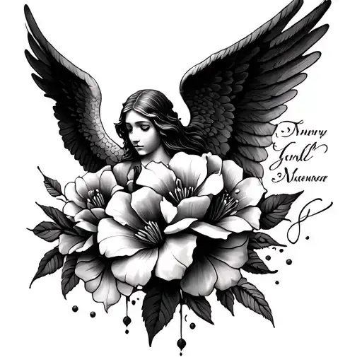 Memorial Tattoo Flowers With Angel Winge