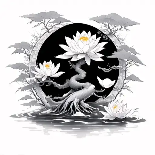 Bonsai Tree Surrounded By Koi Fish With White Lotus Pai Sho Piece