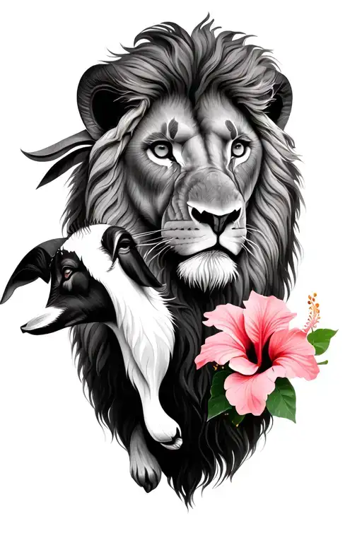 Lion With Goat And Hibiscus Flower