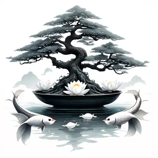 Bonsai Tree Surrounded By Koi Fish With White Lotus Pai Sho Piece From Avatar Last Air Bender