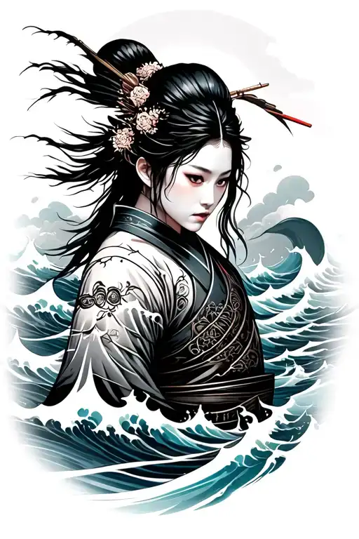 Female Samurai With Ocean Waves Flowing