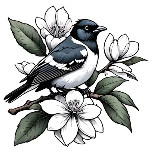 Western Magpie Bird Perched On A Magnolia Flower Branch