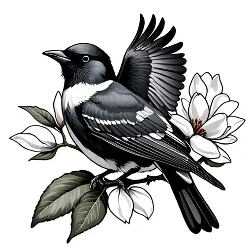 Western Magpie Bird With A View Of The Top Of Its Wings Perched On A Magnolia Flower Branch