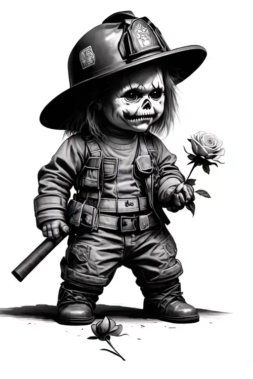 Chucky With Firefighter Gear On With A Dead Rose In Hand