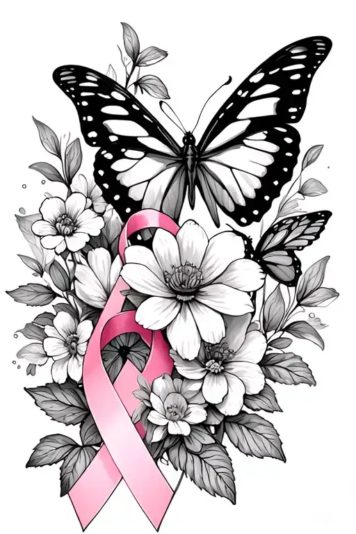 Flowers And Butterflies With Breast Cancer Ribbon Dainty