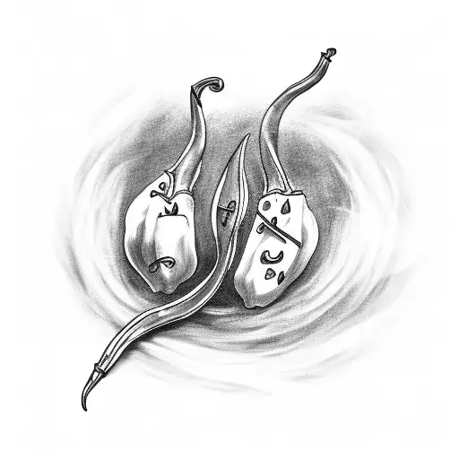 A Black And Grey Tattoo Of A Fiery Chili Pepper With Musical Notes Swirling Around It