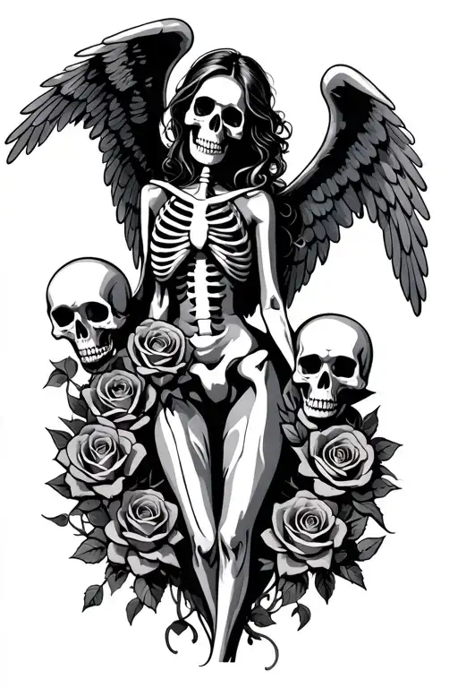 Skeleton Woman Angel Wings Holding Skulls With Roses