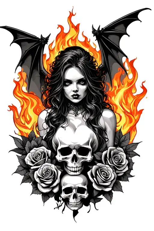 Demonic Woman Bat Wings Gripping Skulls With Roses And Fire