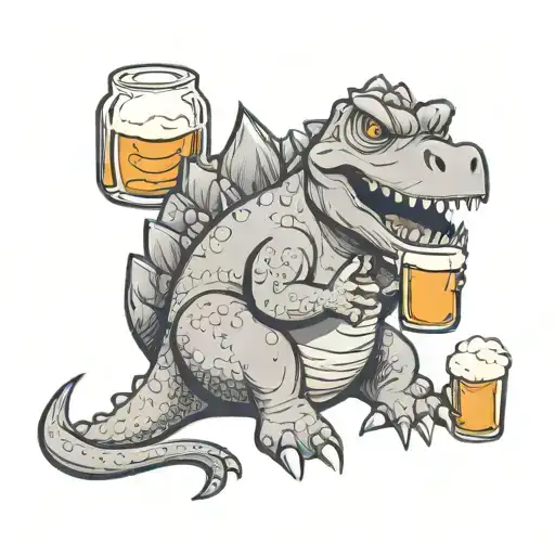Cartoon Cute Fat Dinosaur Sitting And Holding A Beer Glass